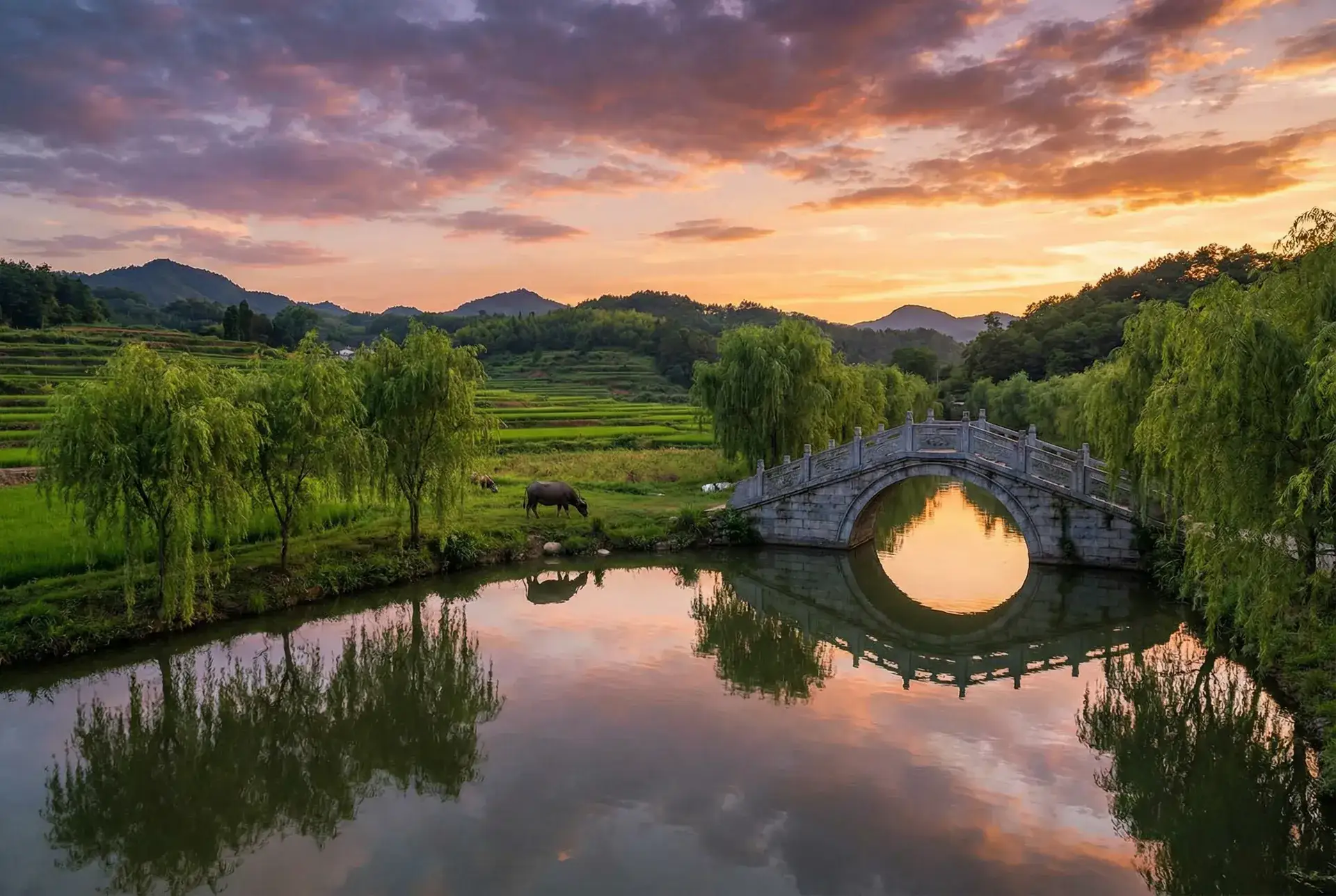 夕阳下的石拱桥与垂柳，水牛在河边吃草 - 橘梨纱qvod 乡村美景